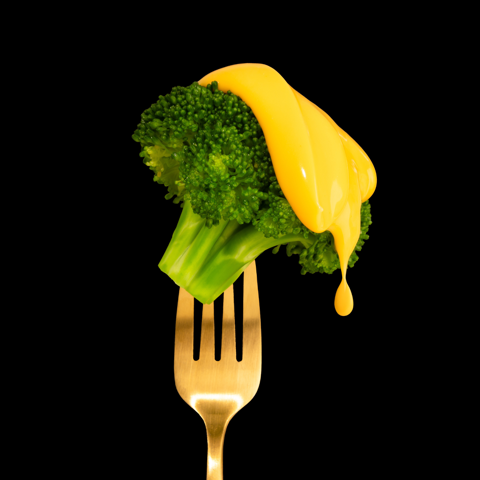 Broccoli on a gold fork with cheese sauce against a black background