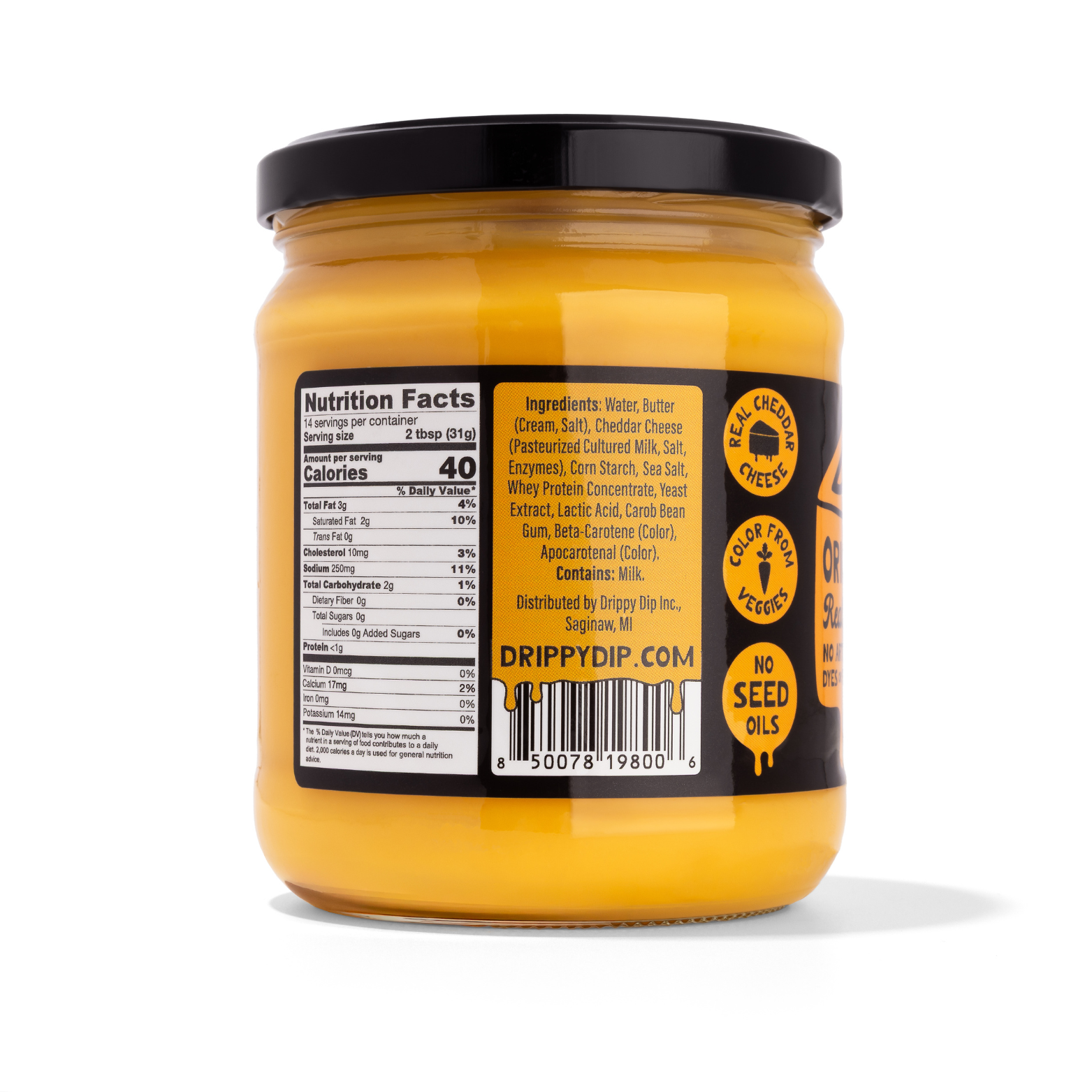 Jar of mustard with a black label on a white background
