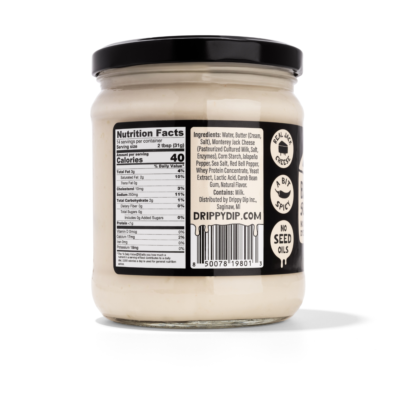 Jar of creamy white dip with black label on a white background