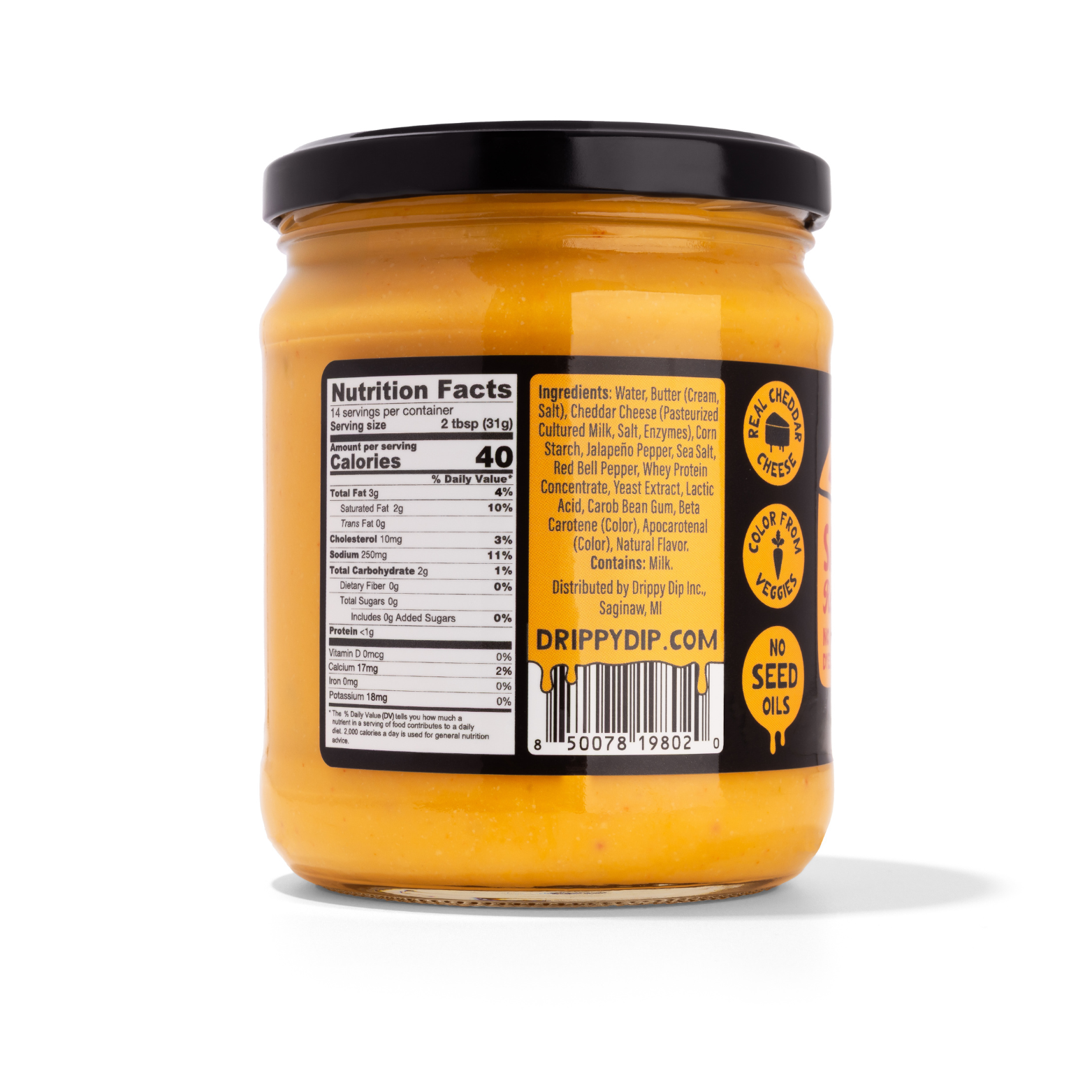 Jar of spicy mustard with nutrition label and brand logo on a white background